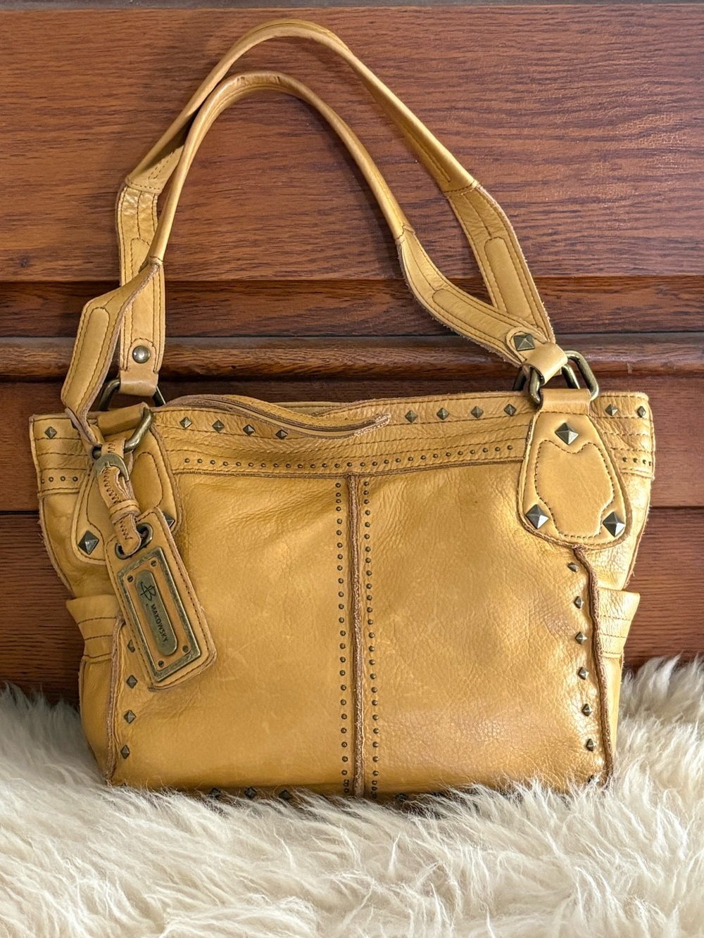 b. makowsky Mustard Yellow Studded Leather Shoulder Bag